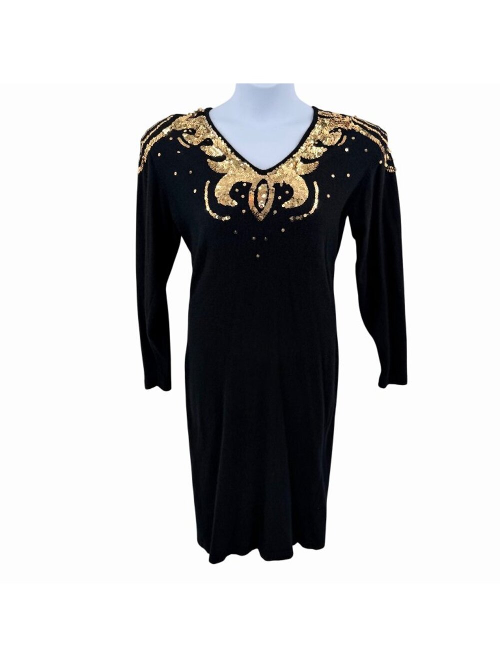 VINTAGE OUTLANDER BLACK LAMBSWOOL ANGORA GOLD SEQUIN SWEATER DRESS - L